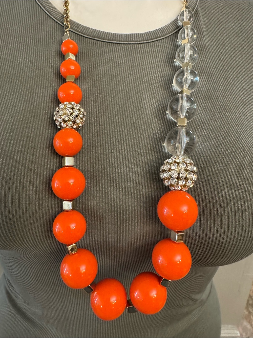 Statement Orange Bead Necklace with Clear and Gold Accents